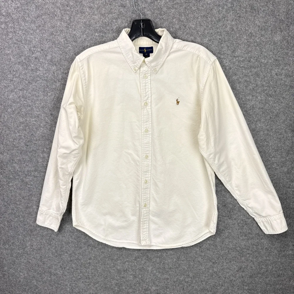 Ralph Lauren Boys Button Down Shirt Size 20 Off-White Cotton Oxford Pony Logo